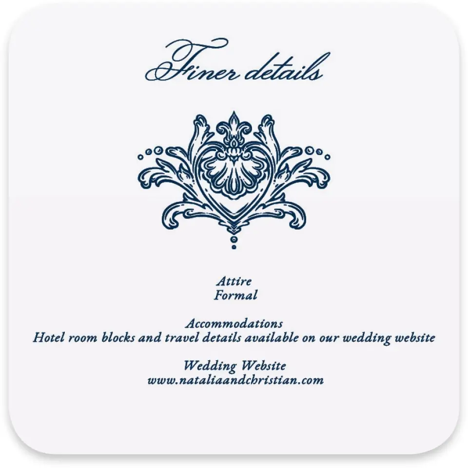 This is a 4" x 4" Wedding Invitation Enclosure Card called Heirloom Crest printed in full color with Silver foil on Luxe Satin paper