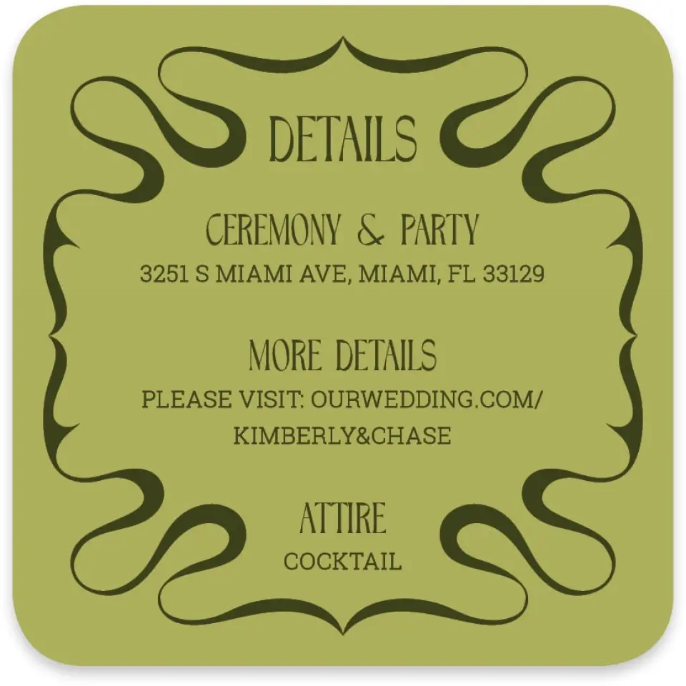 This is a 4" x 4" Wedding Invitation Enclosure Card called Nouveau Romance printed in full color with Silver foil on Luxe Satin paper
