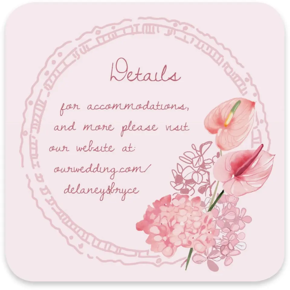 This is a 4" x 4" Wedding Invitation Enclosure Card called Blushing Whimsy printed in full color with Gold foil on Luxe Satin paper