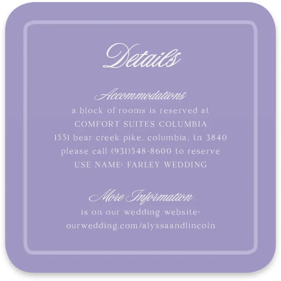 This is a 4" x 4" Wedding Invitation Enclosure Card called Gentle Garden printed in full color with Gold foil on Luxe Satin paper