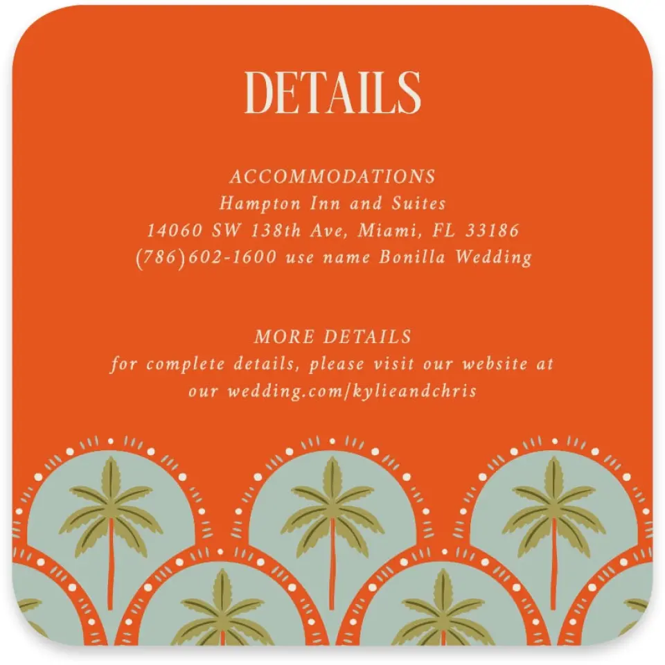 This is a 4" x 4" Wedding Invitation Enclosure Card called Tropical Treasure printed in full color with Gold foil on Luxe Satin paper