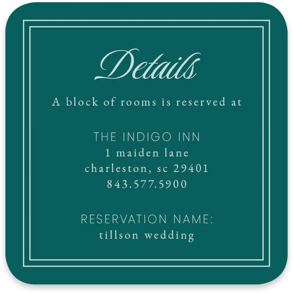 This is a 4" x 4" Wedding Invitation Enclosure Card called Faithful Frame printed in full color with Silver foil on Luxe Satin paper
