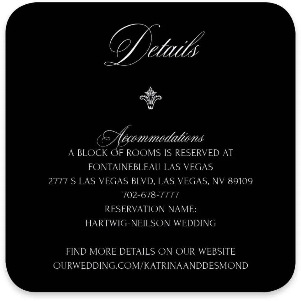 This is a 4" x 4" Wedding Invitation Enclosure Card called Elevated Vegas printed in full color with Silver foil on Luxe Satin paper