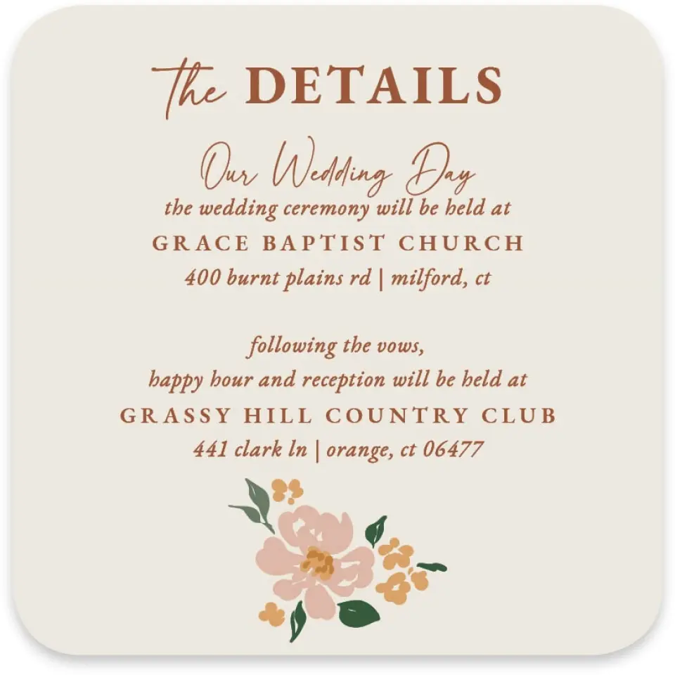 This is a 4" x 4" Wedding Invitation Enclosure Card called Plush Petals printed in full color with Gold foil on Luxe Satin paper