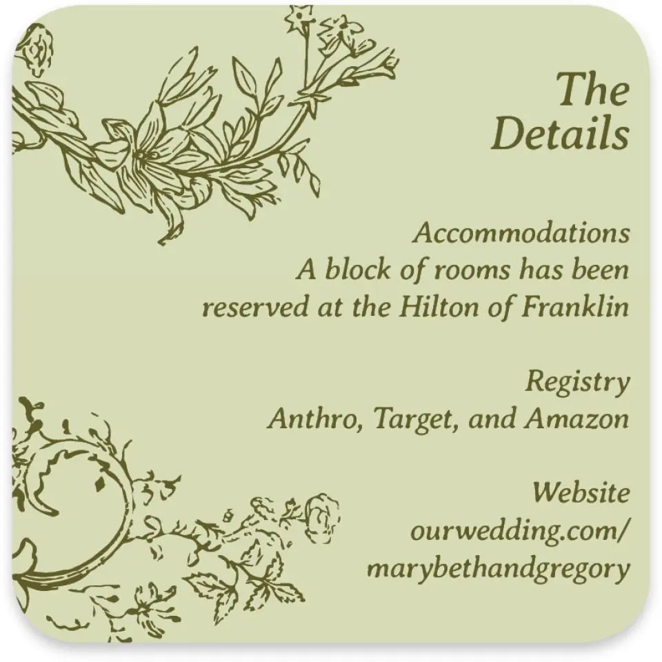 This is a 4" x 4" Wedding Invitation Enclosure Card called Vintage Chinoiserie printed in full color with Gold foil on Luxe Satin paper