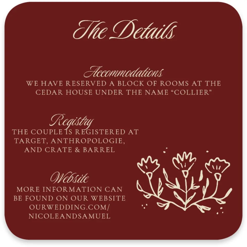 This is a 4" x 4" Wedding Invitation Enclosure Card called Bloom & Crest printed in full color with Gold foil on Luxe Satin paper