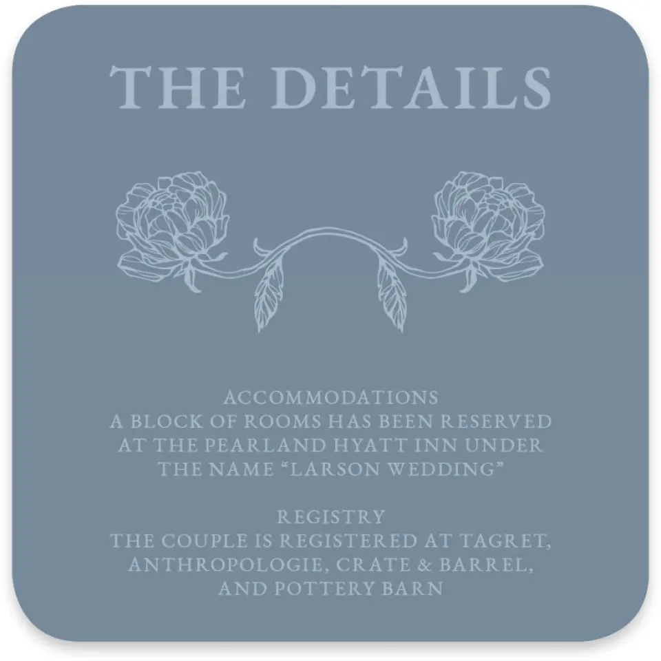 This is a 4" x 4" Wedding Invitation Enclosure Card called Pressed Petals printed in full color with Silver foil on Luxe Satin paper