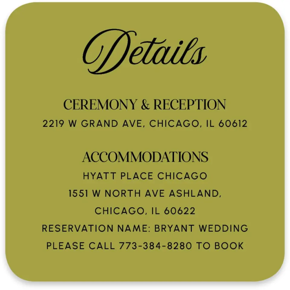 This is a 4" x 4" Wedding Invitation Enclosure Card called The Mallory printed in full color on Luxe Satin paper