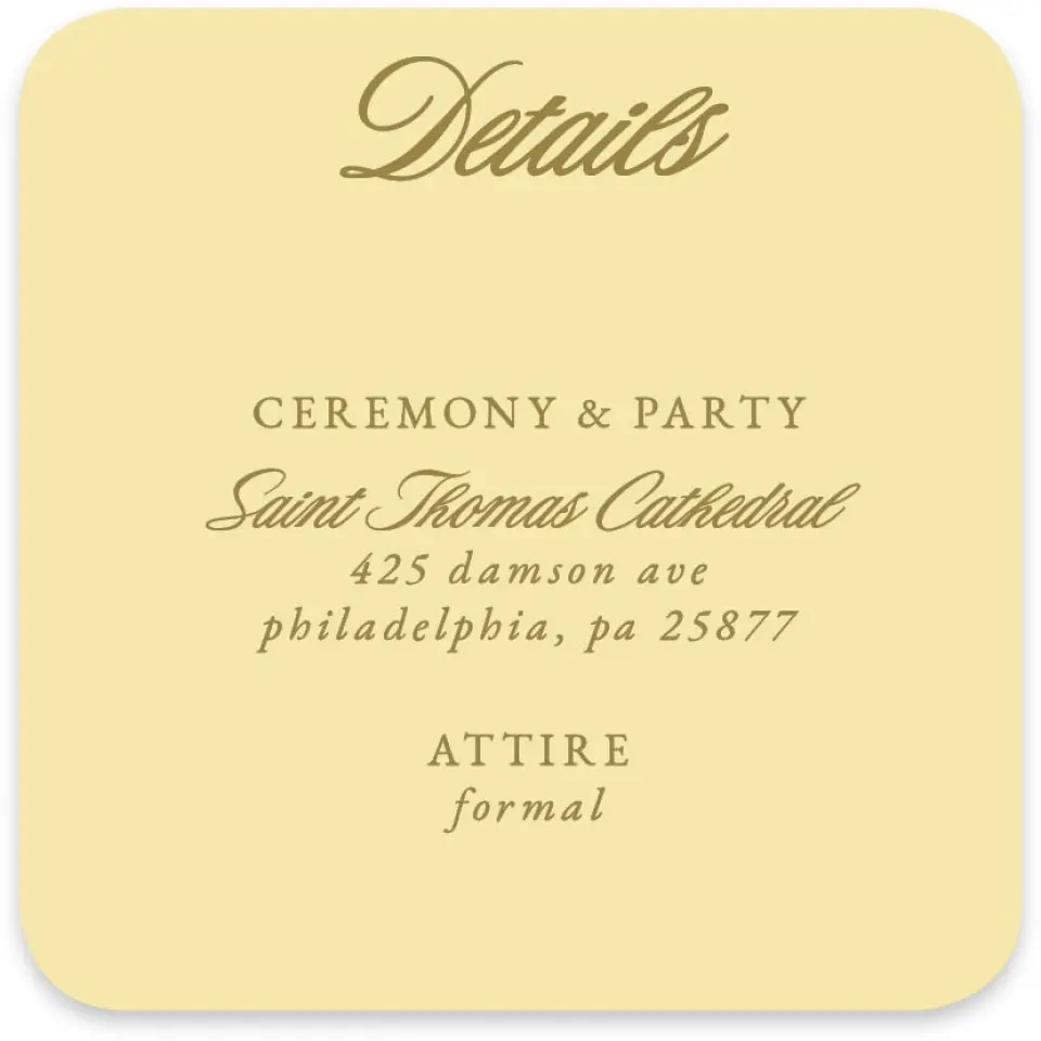 This is a 4" x 4" Wedding Invitation Enclosure Card called The Jillian printed in full color on Luxe Satin paper