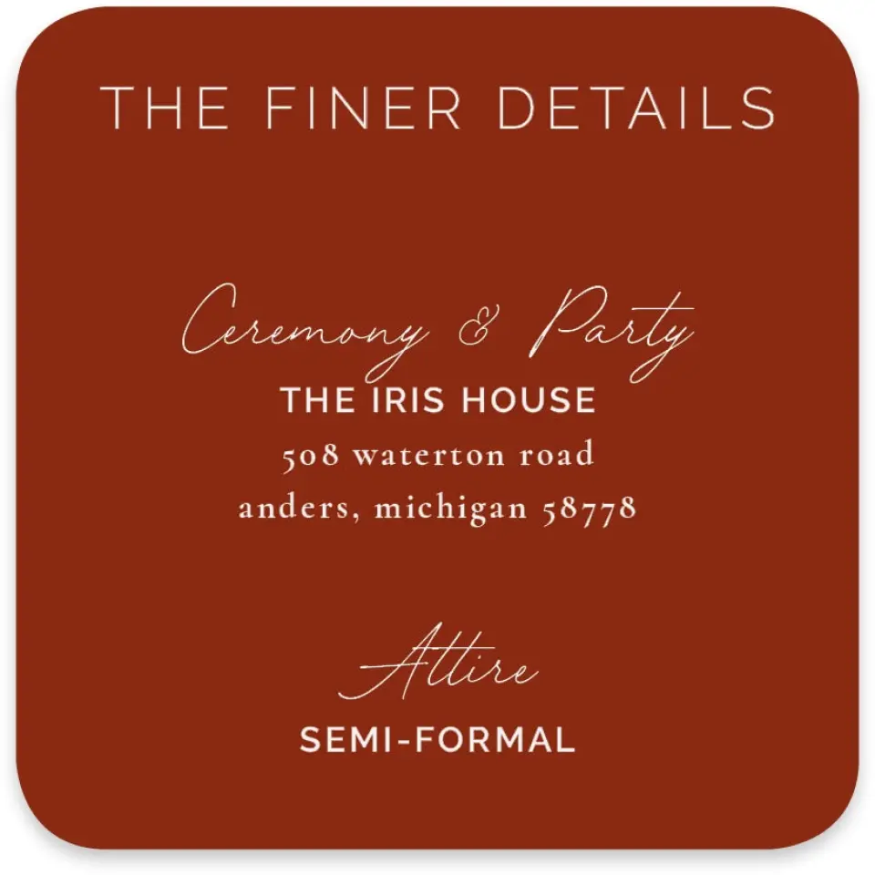 This is a 4" x 4" Wedding Invitation Enclosure Card called The Chelsea printed in full color on Luxe Satin paper