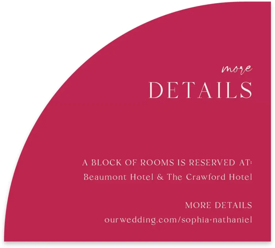 This is a 5" x 4½" Wedding Invitation Enclosure Card called The Sophia printed in full color on Luxe Satin paper