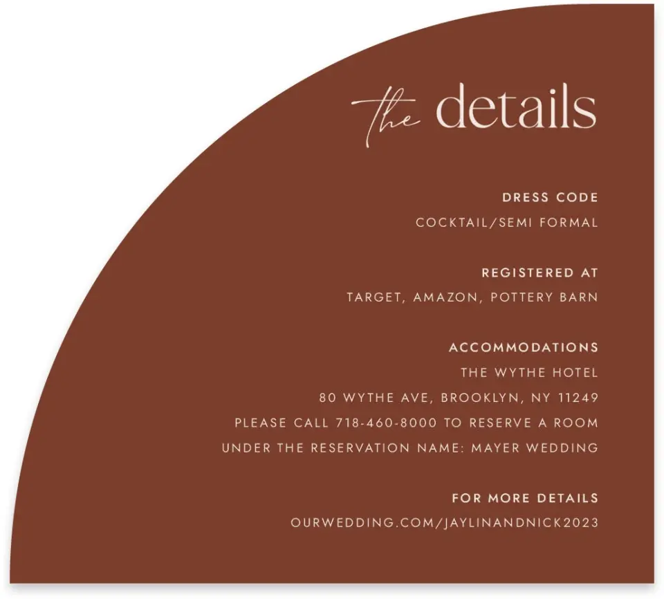 This is a 5" x 4½" Wedding Invitation Enclosure Card called The Jaylin printed in full color with Gold foil on Luxe Satin paper