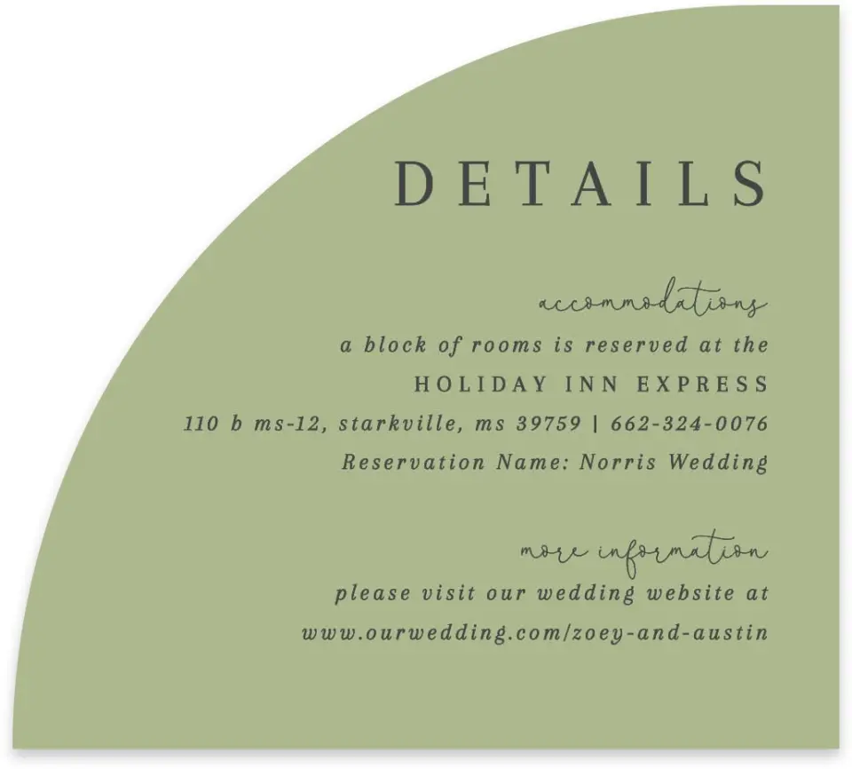 This is a 5" x 4½" Wedding Invitation Enclosure Card called The Zoey printed in full color on Luxe Satin paper
