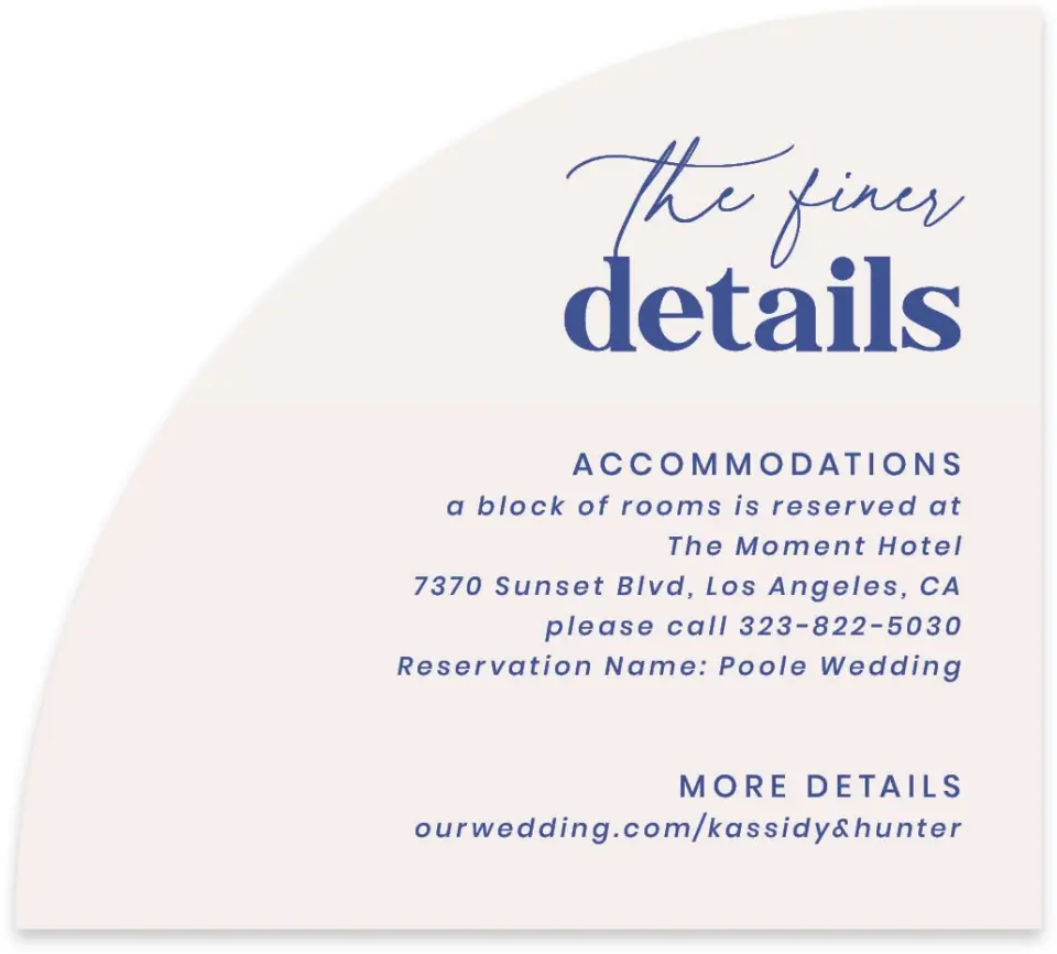 This is a 5" x 4½" Wedding Invitation Enclosure Card called The Kassidy printed in full color on Luxe Satin paper