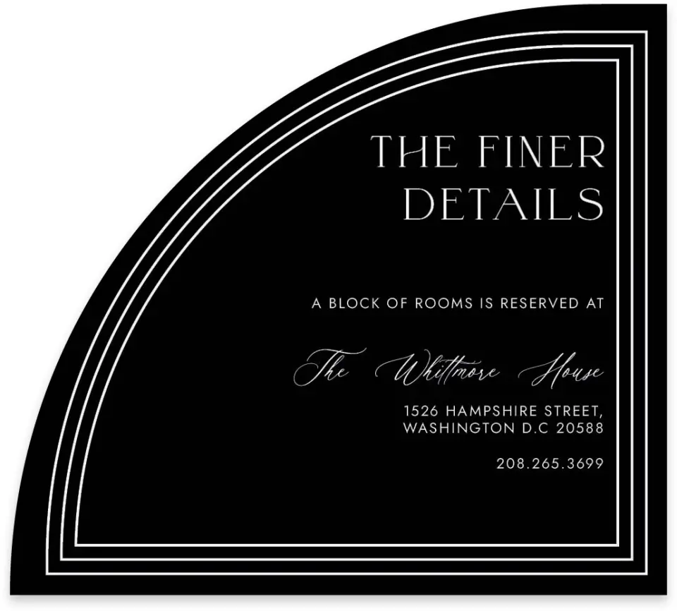 This is a 5" x 4½" Wedding Invitation Enclosure Card called Passionate Arch printed in full color with Gold foil on Luxe Satin paper