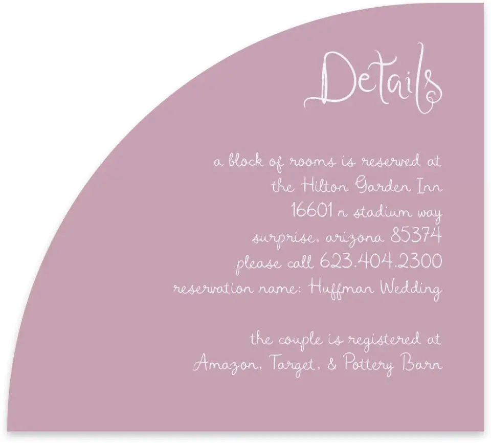 This is a 5" x 4½" Wedding Invitation Enclosure Card called The Micayla printed in full color on Luxe Satin paper
