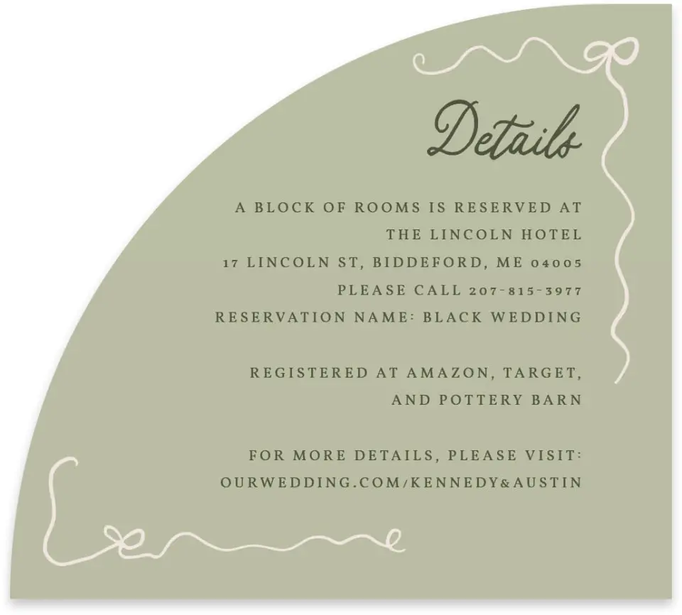This is a 5" x 4½" Wedding Invitation Enclosure Card called The Kennedy printed in full color on Luxe Satin paper