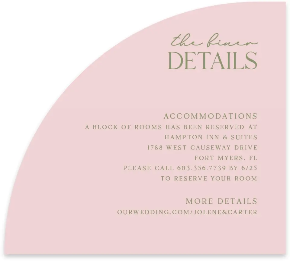 This is a 5" x 4½" Wedding Invitation Enclosure Card called The Jolene printed in full color on Luxe Satin paper