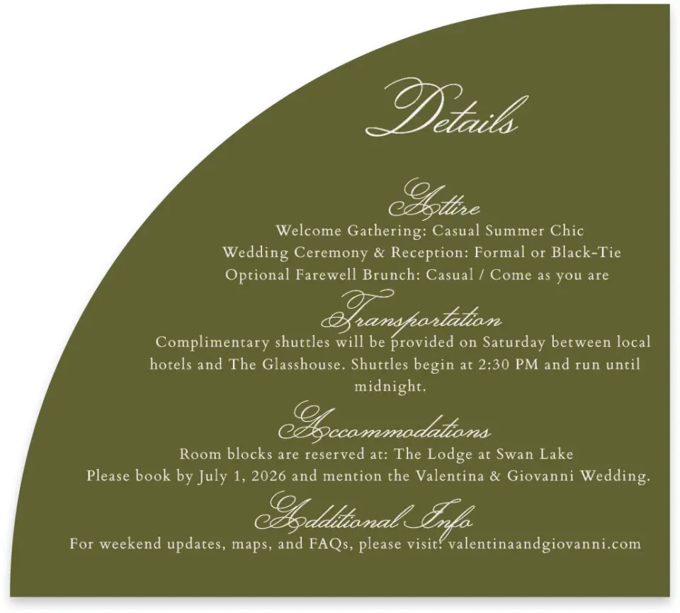 This is a 5" x 4½" Wedding Invitation Enclosure Card called Holloway printed in full color on Luxe Satin paper