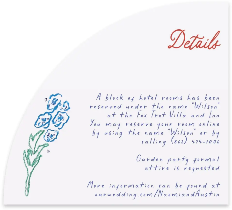 This is a 5" x 4½" Wedding Invitation Enclosure Card called Whimsy Love printed in full color on Luxe Satin paper