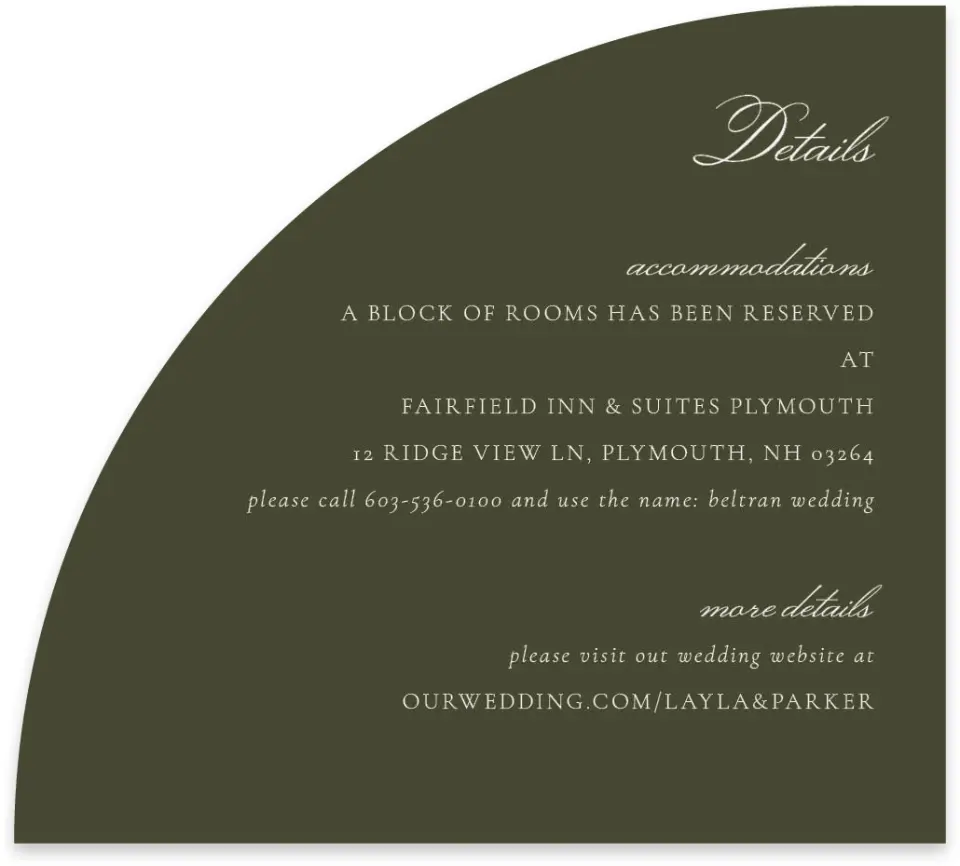 This is a 5" x 4½" Wedding Invitation Enclosure Card called Holderness printed in full color with Gold foil on Luxe Satin paper