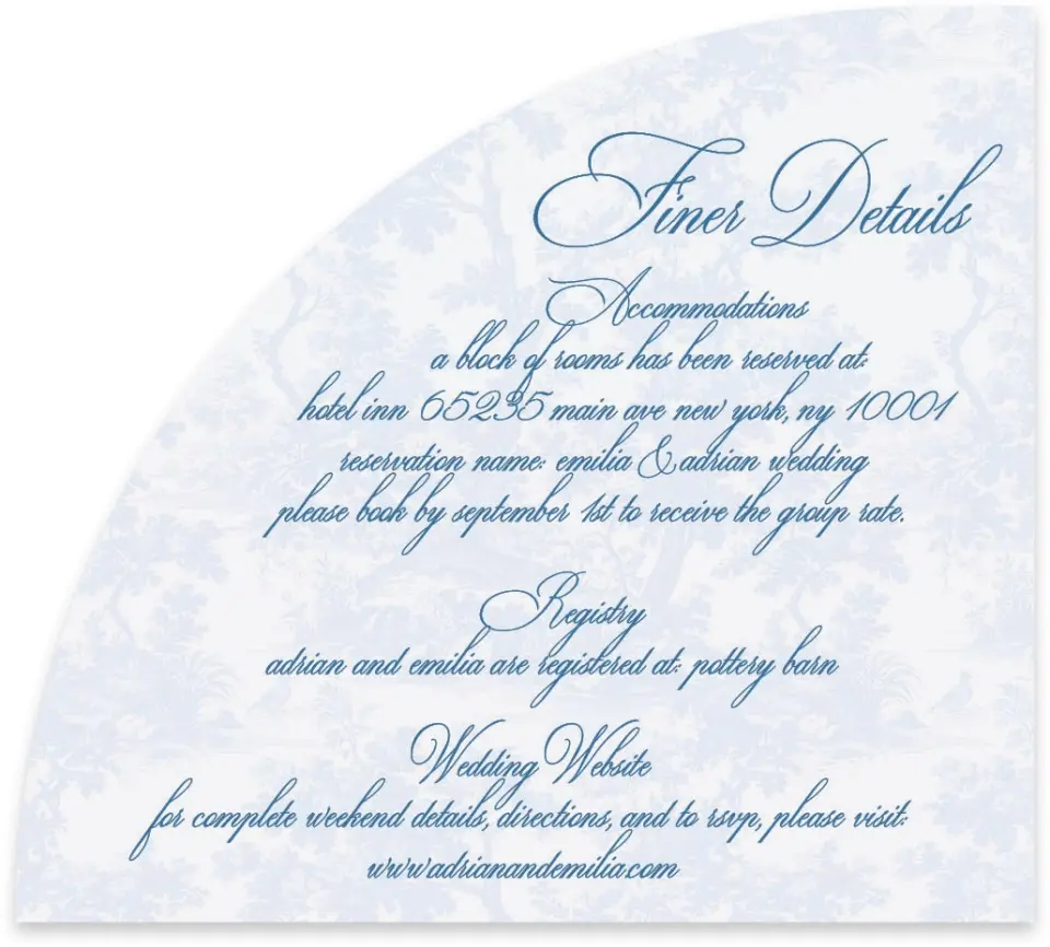 This is a 5" x 4½" Wedding Invitation Enclosure Card called Blue Toile Romance printed in full color on Luxe Satin paper
