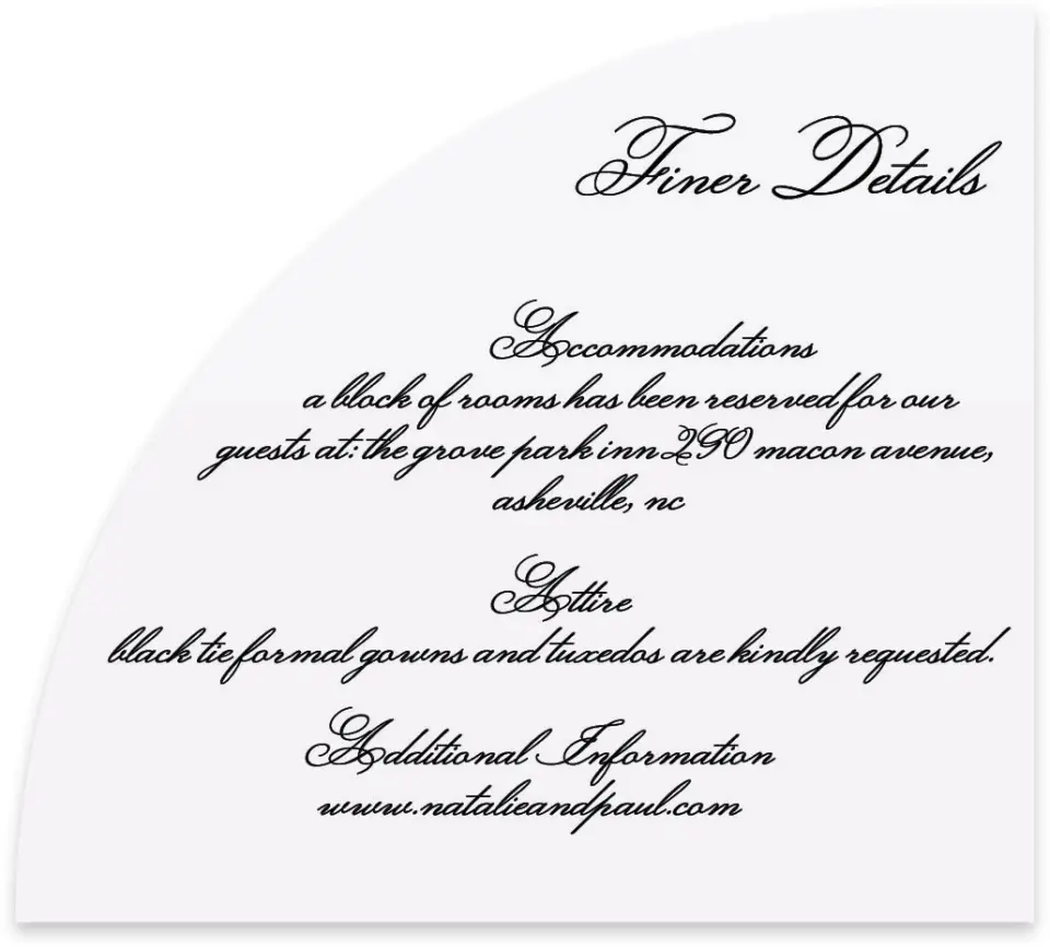 This is a 5" x 4½" Wedding Invitation Enclosure Card called Formal Script printed in full color on Luxe Satin paper