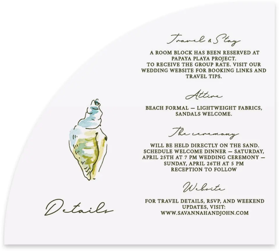 This is a 5" x 4½" Wedding Invitation Enclosure Card called Whimsical Shells printed in full color on Luxe Satin paper