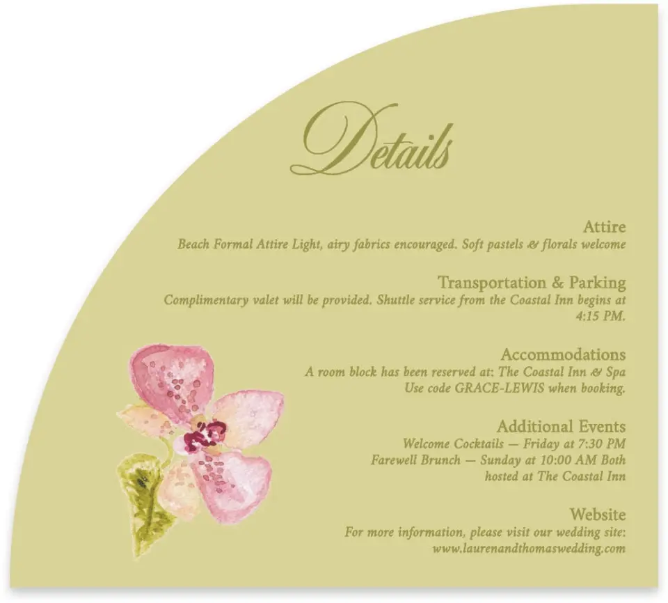 This is a 5" x 4½" Wedding Invitation Enclosure Card called Paradise in Bloom printed in full color with Silver foil on Luxe Satin paper