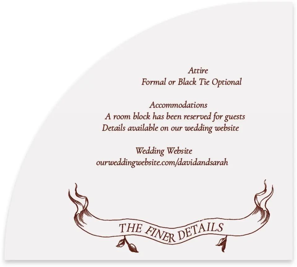 This is a 5" x 4½" Wedding Invitation Enclosure Card called Trimmed Lace printed in full color with Gold foil on Luxe Satin paper