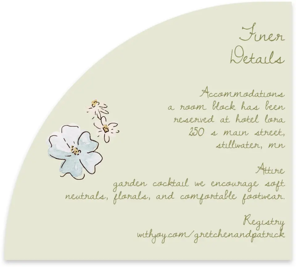 This is a 5" x 4½" Wedding Invitation Enclosure Card called Soft Garden Vows printed in full color with Gold foil on Luxe Satin paper