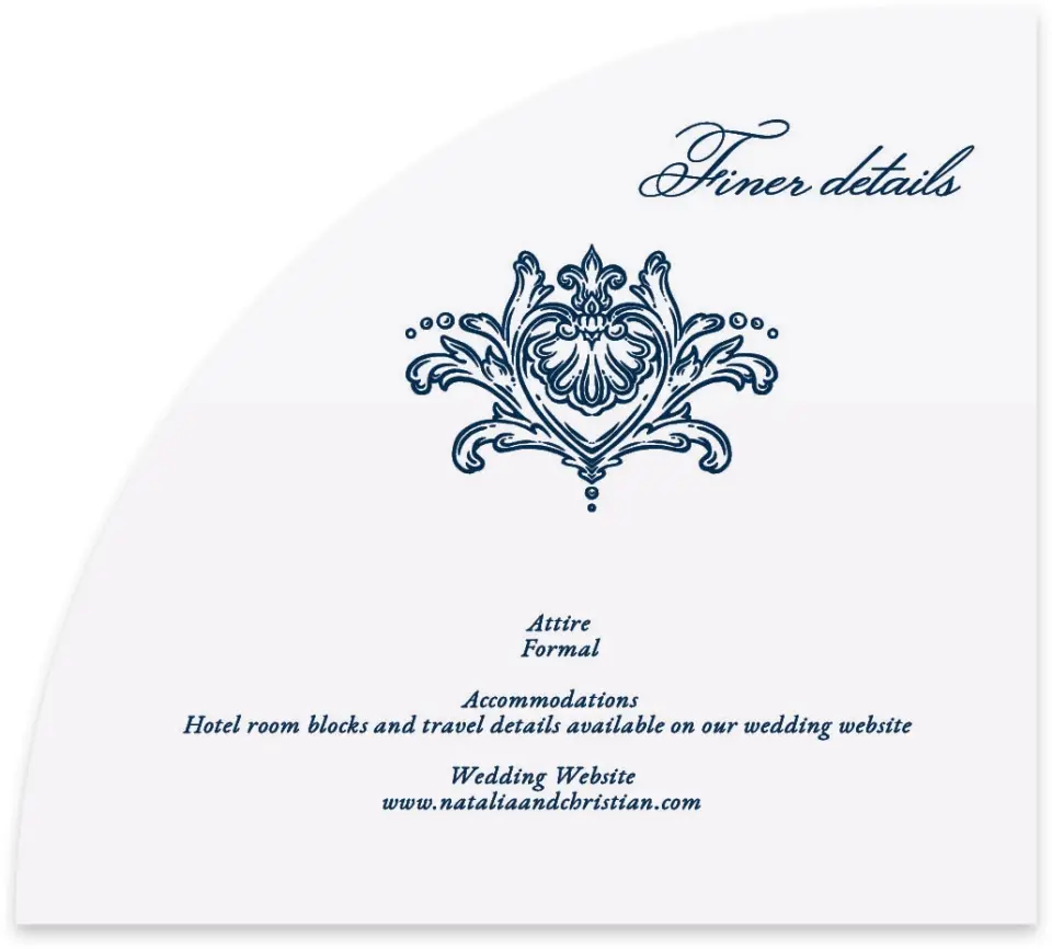 This is a 5" x 4½" Wedding Invitation Enclosure Card called Heirloom Crest printed in full color with Gold foil on Luxe Satin paper
