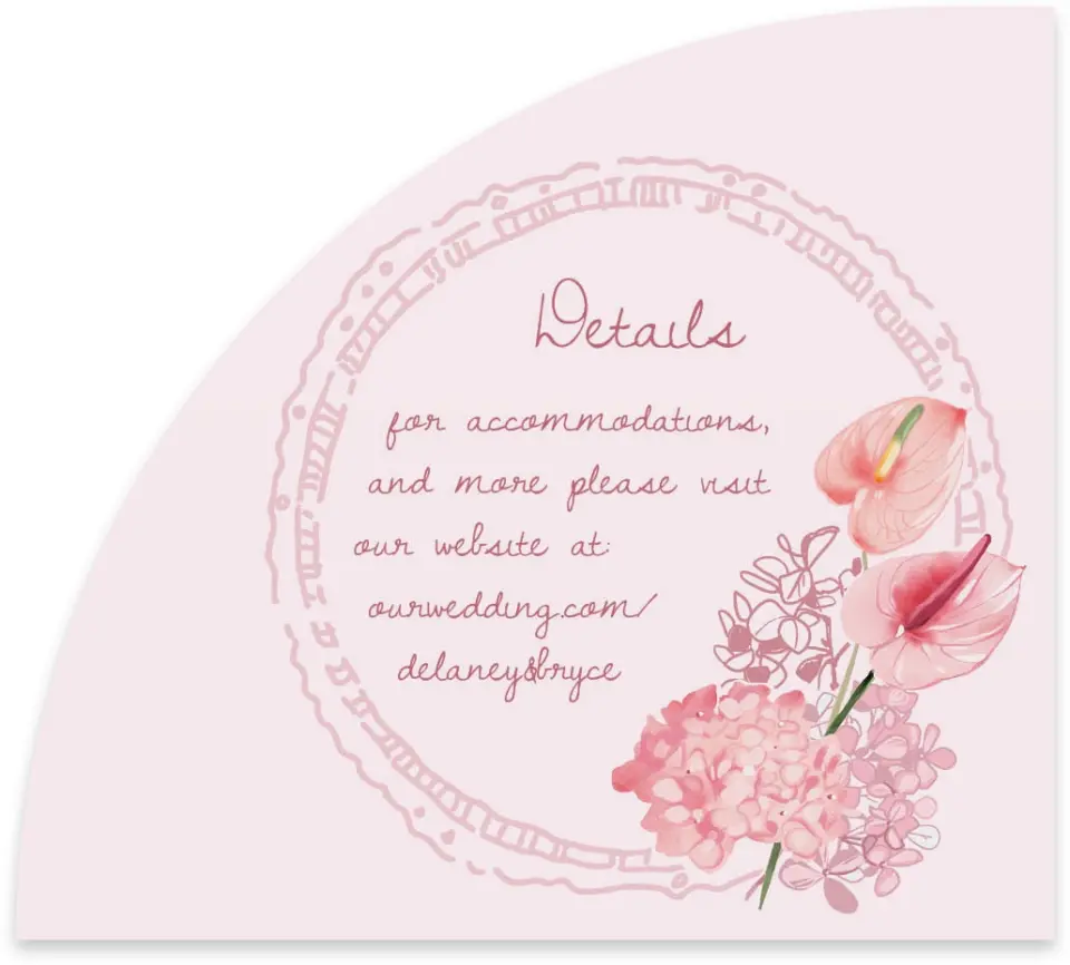 This is a 5" x 4½" Wedding Invitation Enclosure Card called Blushing Whimsy printed in full color with Gold foil on Luxe Satin paper