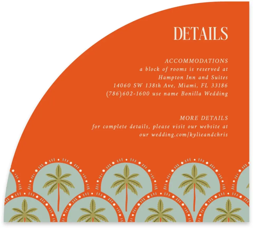 This is a 5" x 4½" Wedding Invitation Enclosure Card called Tropical Treasure printed in full color with Silver foil on Luxe Satin paper