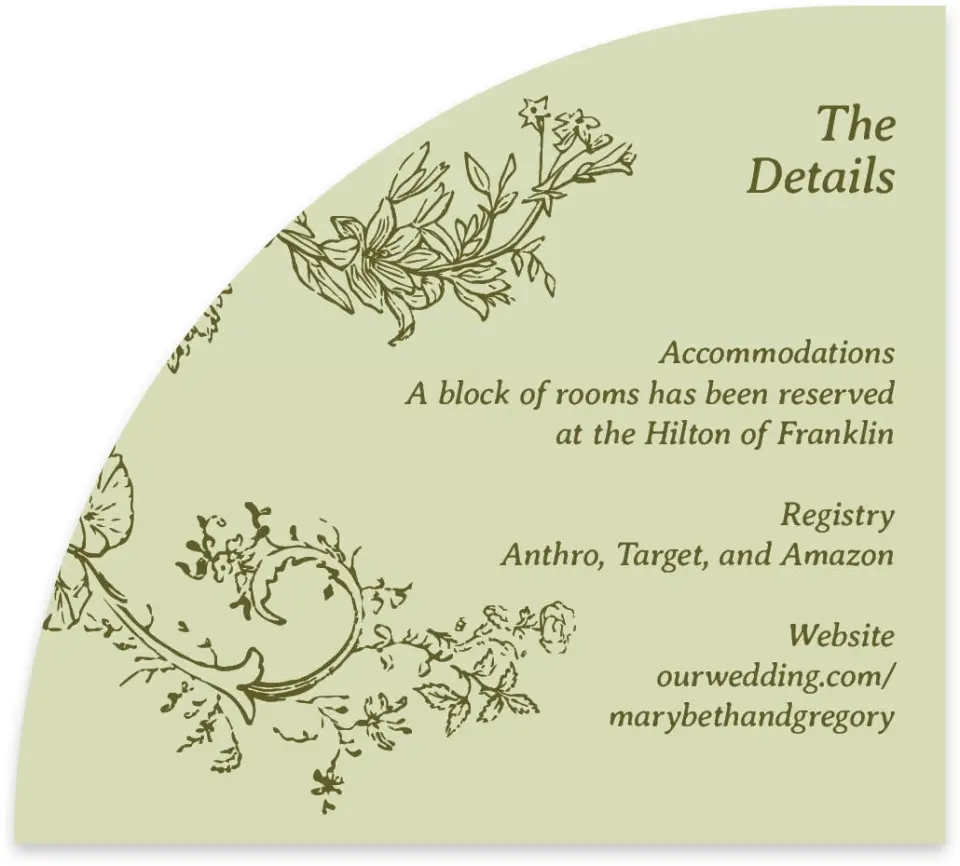 This is a 5" x 4½" Wedding Invitation Enclosure Card called Vintage Chinoiserie printed in full color with Gold foil on Luxe Satin paper