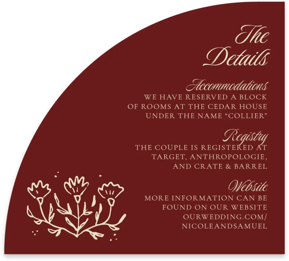 This is a 5" x 4½" Wedding Invitation Enclosure Card called Bloom & Crest printed in full color with Gold foil on Luxe Satin paper