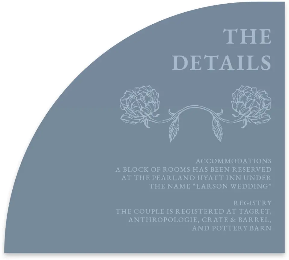 This is a 5" x 4½" Wedding Invitation Enclosure Card called Pressed Petals printed in full color with Silver foil on Luxe Satin paper