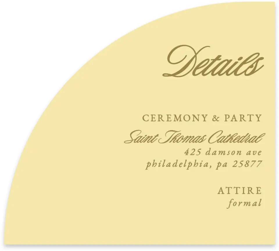 This is a 5" x 4½" Wedding Invitation Enclosure Card called The Jillian printed in full color with Rose Gold foil on Luxe Satin paper