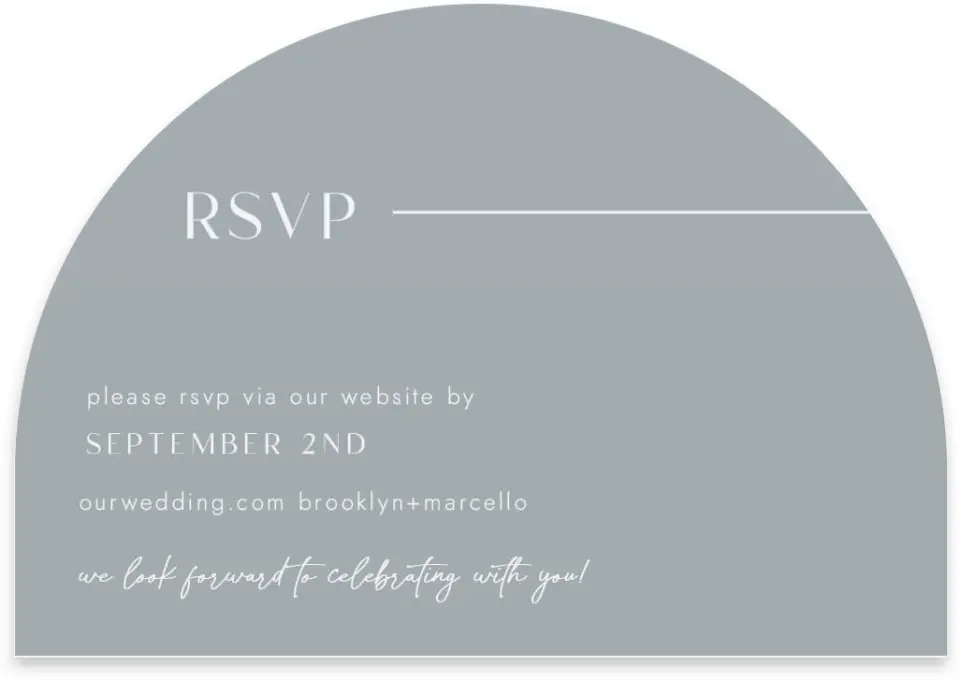 This is a 5" x 3½" Wedding Invitation RSVP Postcard called The Brooklyn printed in full color on Luxe Satin paper