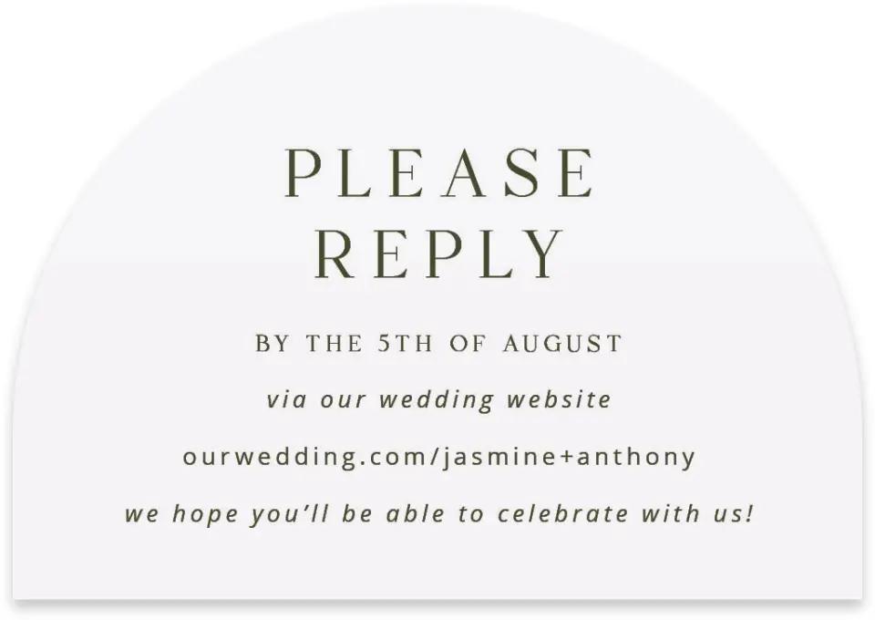 This is a 5" x 3½" Wedding Invitation RSVP Postcard called The Jasmine printed in full color with Rose Gold foil on Luxe Satin paper