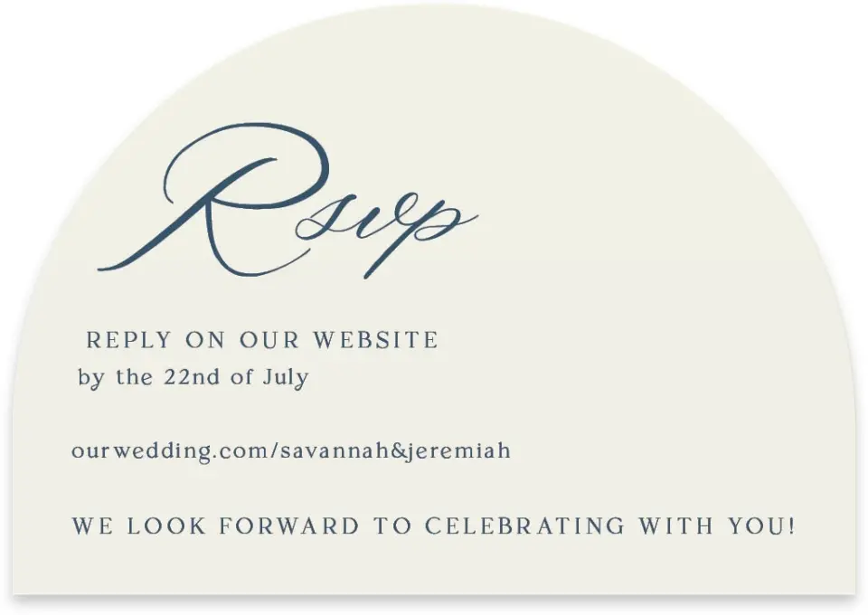This is a 5" x 3½" Wedding Invitation RSVP Postcard called The Savannah printed in full color on Luxe Satin paper