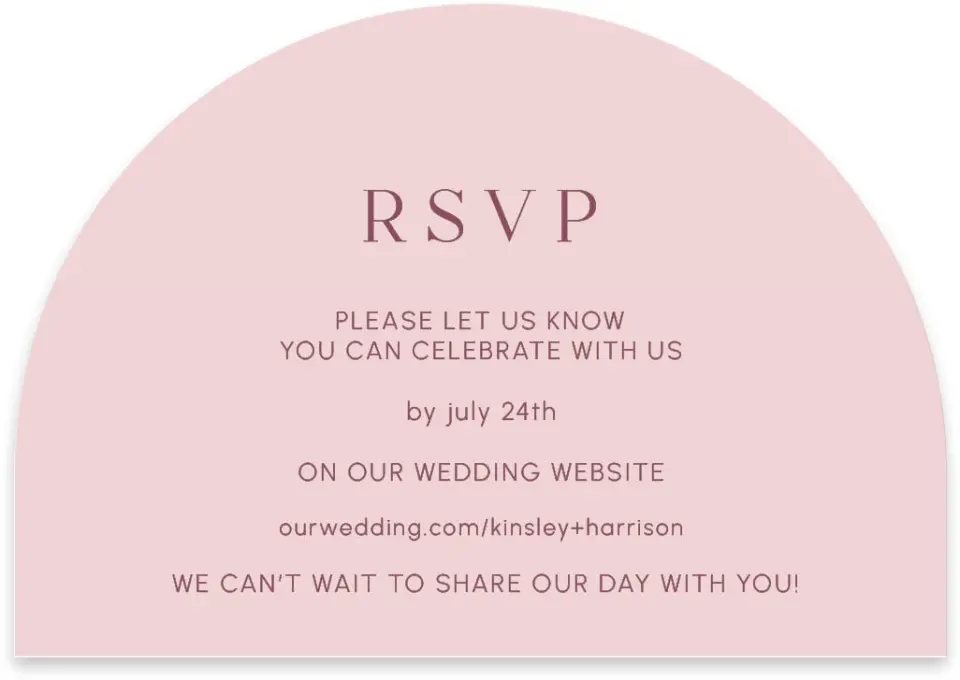 This is a 5" x 3½" Wedding Invitation RSVP Postcard called The Kinsley printed in full color on Luxe Satin paper