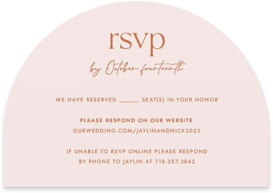 This is a 5" x 3½" Wedding Invitation RSVP Postcard called The Jaylin printed in full color with Rose Gold foil on Luxe Satin paper