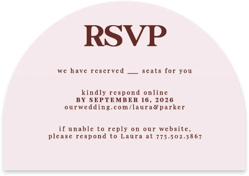 This is a 5" x 3½" Wedding Invitation RSVP Postcard called The Laura printed in full color on Luxe Satin paper