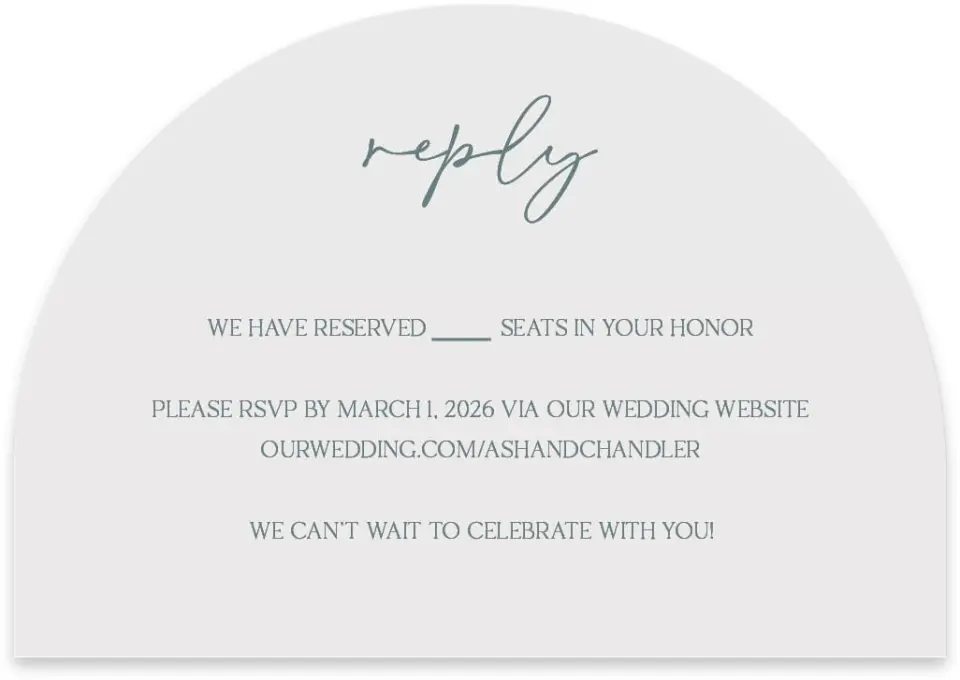This is a 5" x 3½" Wedding Invitation RSVP Postcard called The Ashlynn printed in full color on Luxe Satin paper