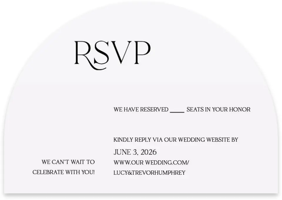 This is a 5" x 3½" Wedding Invitation RSVP Postcard called The Lucy printed in full color with Rose Gold foil on Luxe Satin paper