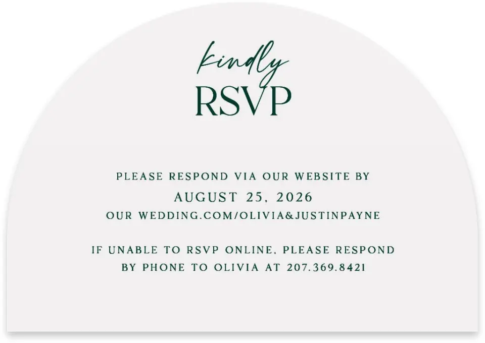 This is a 5" x 3½" Wedding Invitation RSVP Postcard called The Olivia printed in full color with Rose Gold foil on Luxe Satin paper