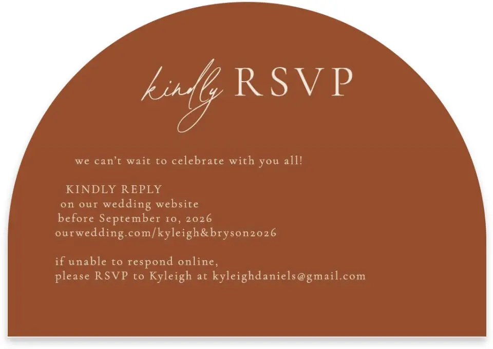 This is a 5" x 3½" Wedding Invitation RSVP Postcard called The Kyleigh printed in full color with Rose Gold foil on Luxe Satin paper