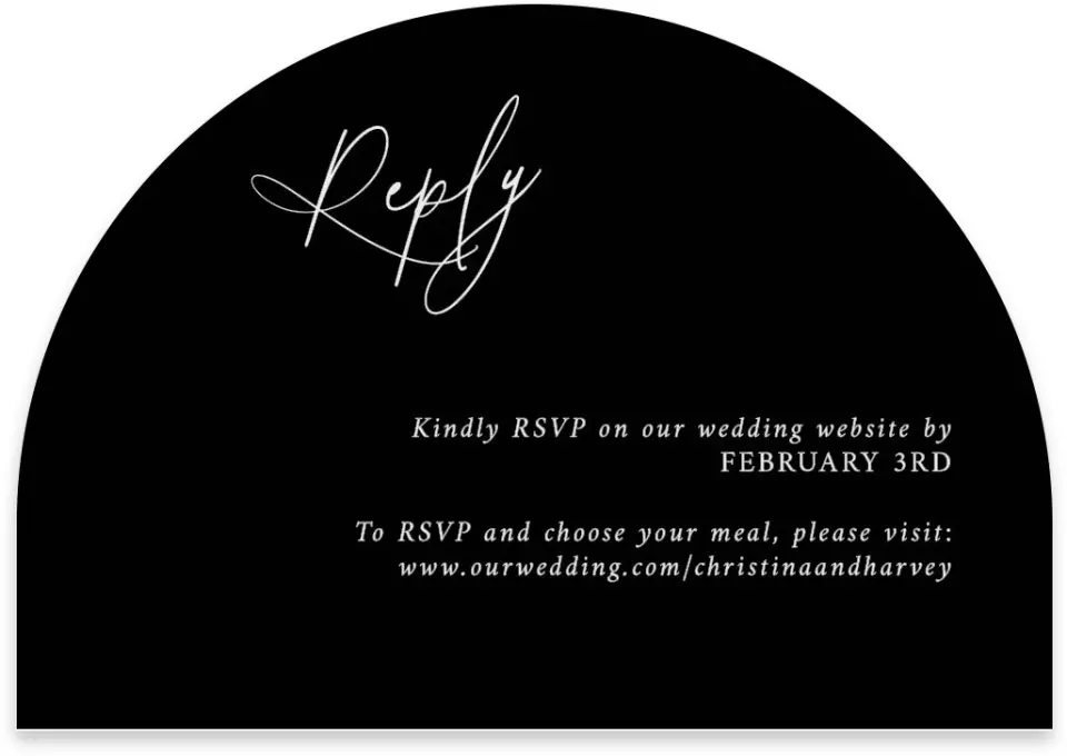 This is a 5" x 3½" Wedding Invitation RSVP Postcard called The Christina printed in full color on Luxe Satin paper