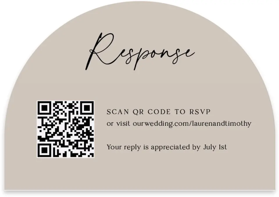 This is a 5" x 3½" Wedding Invitation RSVP Postcard called The Lauren printed in full color with Rose Gold foil on Luxe Satin paper